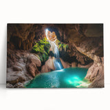 Stretched canvas artwork showcasing a vibrant landscape scene with intricate cave formations and lush greenery, ideal for enhancing home decor and artistic ambiance.