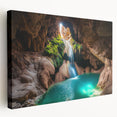 Stretched canvas artwork depicting a serene landscape with caves, showcasing earthy tones and intricate textures, ideal for home decor and art enthusiasts.