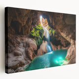Stretched canvas artwork depicting a serene landscape with caves, showcasing earthy tones and intricate textures, ideal for home decor and art enthusiasts.