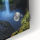 Close-up view of a vibrant acrylic artwork depicting cliffs and landscapes, showcasing intricate details and vivid colors, perfect for modern home decor.