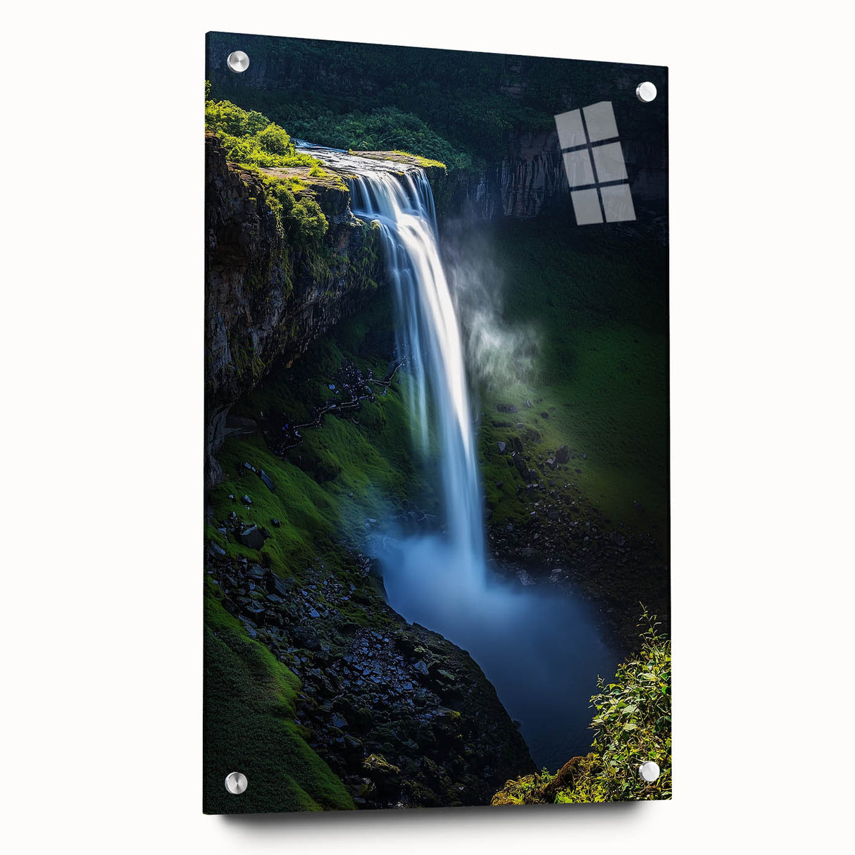 Acrylic painting of dramatic cliffs set against a blue sky, showcasing vibrant colors and intricate details. Ideal for wall decor in modern interiors, enhancing any space.