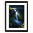 Black-framed landscape artwork showcasing dramatic cliffs and serene scenery, featuring a white mat for an elegant finish, ideal for home decor.
