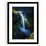 Black-framed landscape artwork showcasing dramatic cliffs and serene scenery, featuring a white mat for an elegant finish, ideal for home decor.