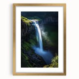 Framed landscape artwork showcasing dramatic cliffs with a gold mat, ideal for home decor. The front view highlights intricate details and vibrant colors.