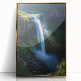 Framed acrylic artwork depicting a stunning landscape with dramatic cliffs, showcasing vibrant colors and intricate details, perfect for modern home decor.