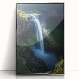 Framed acrylic artwork depicting a breathtaking landscape of towering cliffs under a clear blue sky, showcasing vibrant colors and intricate details, ideal for home decor.