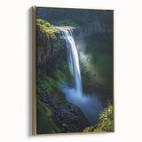 Framed canvas artwork depicting a dramatic landscape scene with cliffs, featuring rich gold accents and a sleek side view, ideal for modern home decor.