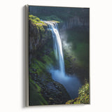 Framed canvas artwork depicting a stunning landscape of cliffs, showcasing vibrant colors and intricate details, with a sleek silver frame that enhances its elegance.