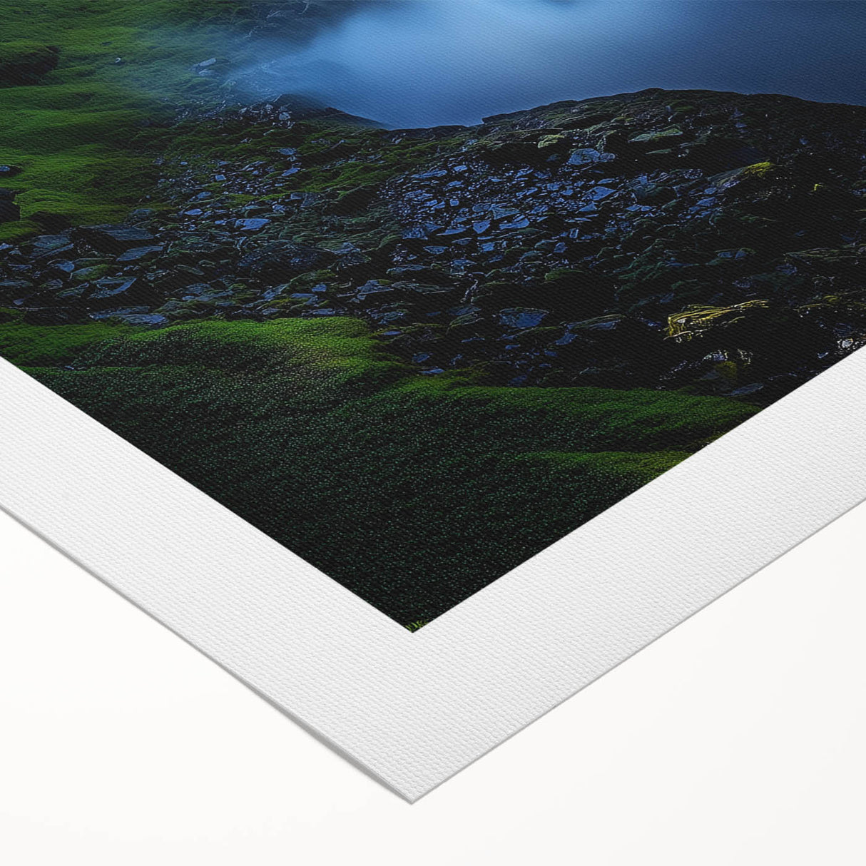 Vibrant rolled canvas artwork depicting a stunning landscape with dramatic cliffs and lush greenery, perfect for home decor, showcasing intricate details and rich colors.