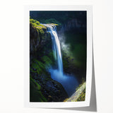 Vibrant landscape print showcasing dramatic cliffs against a blue sky, rolled and securely packaged in a protective cardboard tube for easy transport and display.