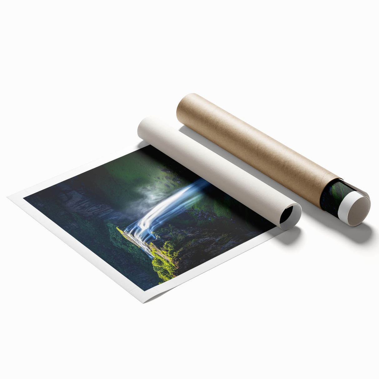 Stunning landscape art print showcasing vibrant cliffs and scenic views, rolled for easy shipping and display, perfect for home or office decor.
