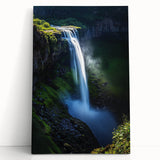 Stretched canvas artwork depicting dramatic coastal cliffs with vibrant hues of blue and green, ideal for enhancing modern home decor or office spaces.