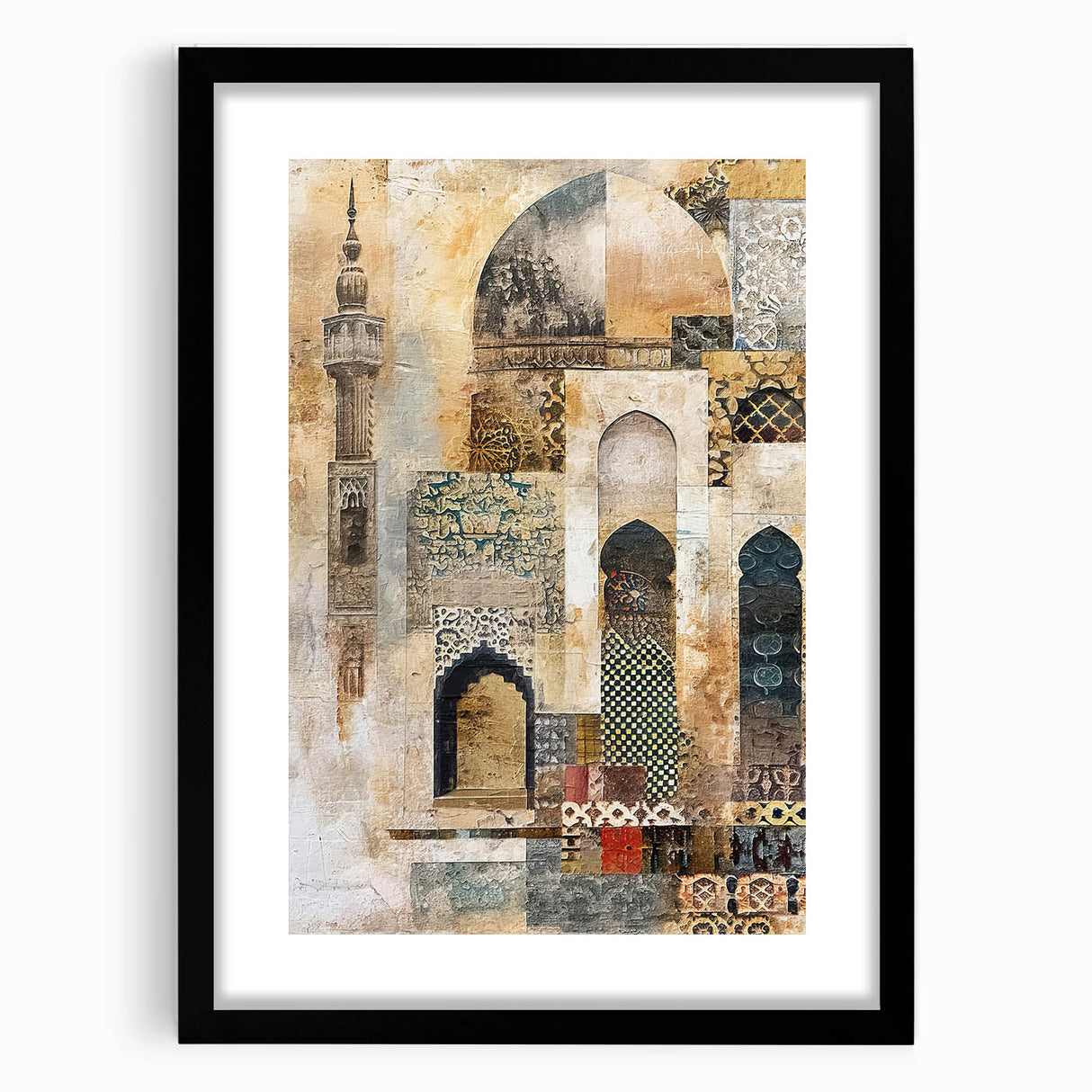 Abstract architectural wall art framed in black with a mat, showcasing geometric patterns and a modern design ideal for contemporary home decor.