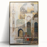 Framed abstract architecture wall art featuring a gold acrylic design, showcasing modern geometric shapes and a sleek front view, perfect for contemporary decor.