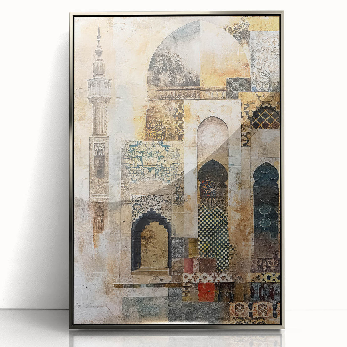 Framed abstract architecture wall art in silver acrylic, showcasing geometric patterns and modern design elements, perfect for contemporary home decor.
