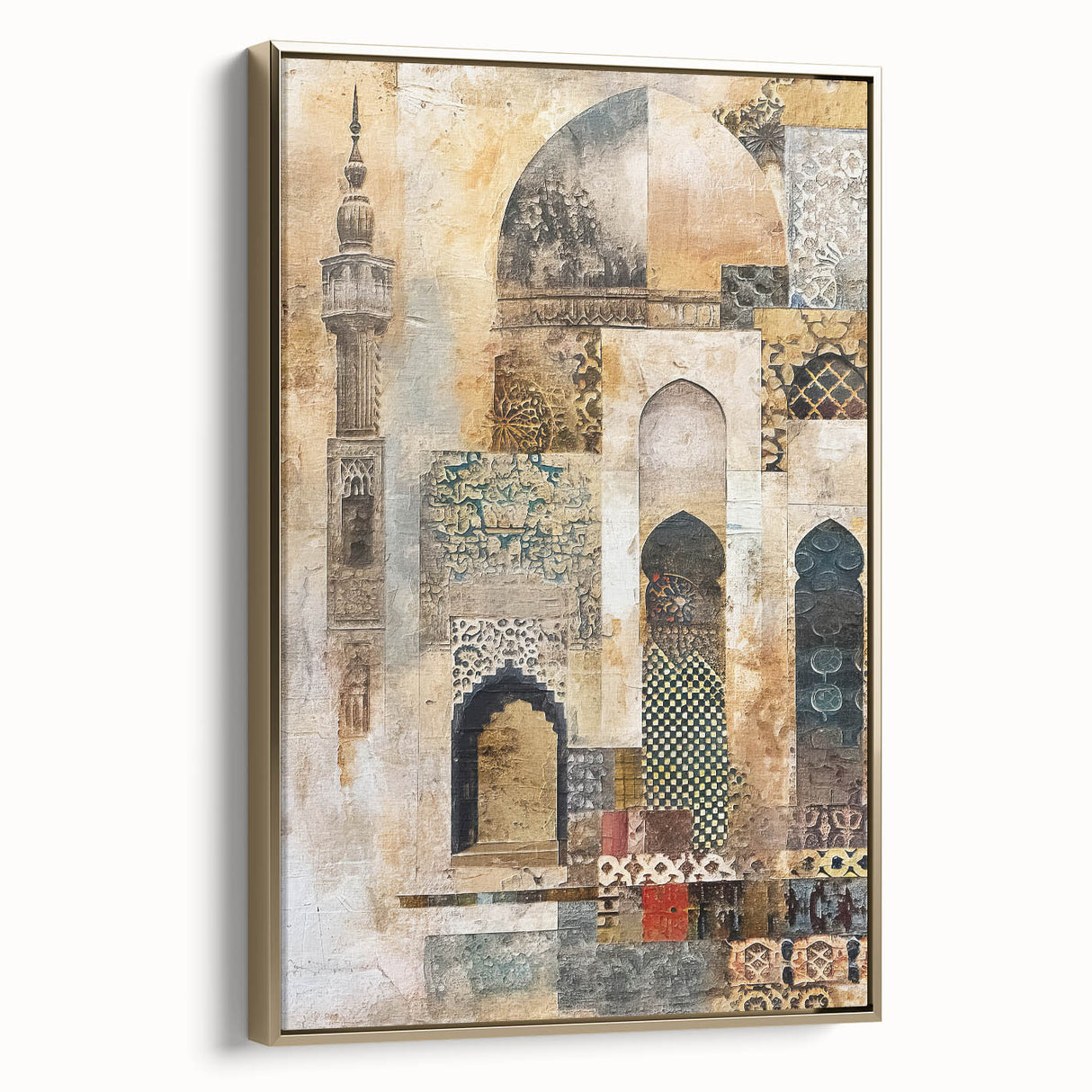 Framed abstract architecture wall art in gold tones, showcasing a modern design with geometric shapes and clean lines, ideal for contemporary home decor.