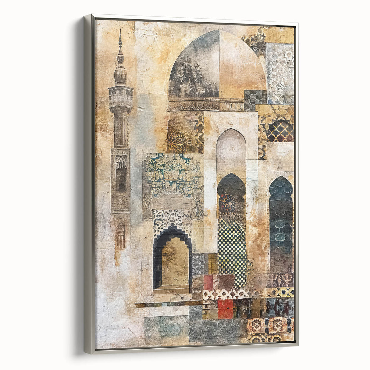 Framed abstract architecture wall art showcasing a silver color palette, highlighting geometric patterns and modern design elements, perfect for contemporary decor.