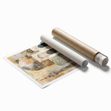 Abstract architectural wall art print showcasing vibrant geometric shapes and bold colors, rolled and ready for framing, ideal for modern home decor.