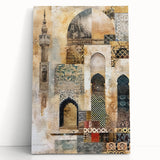 Abstract architectural wall art on stretched canvas, showcasing geometric patterns in vibrant colors, leaning against a neutral wall, perfect for modern decor.