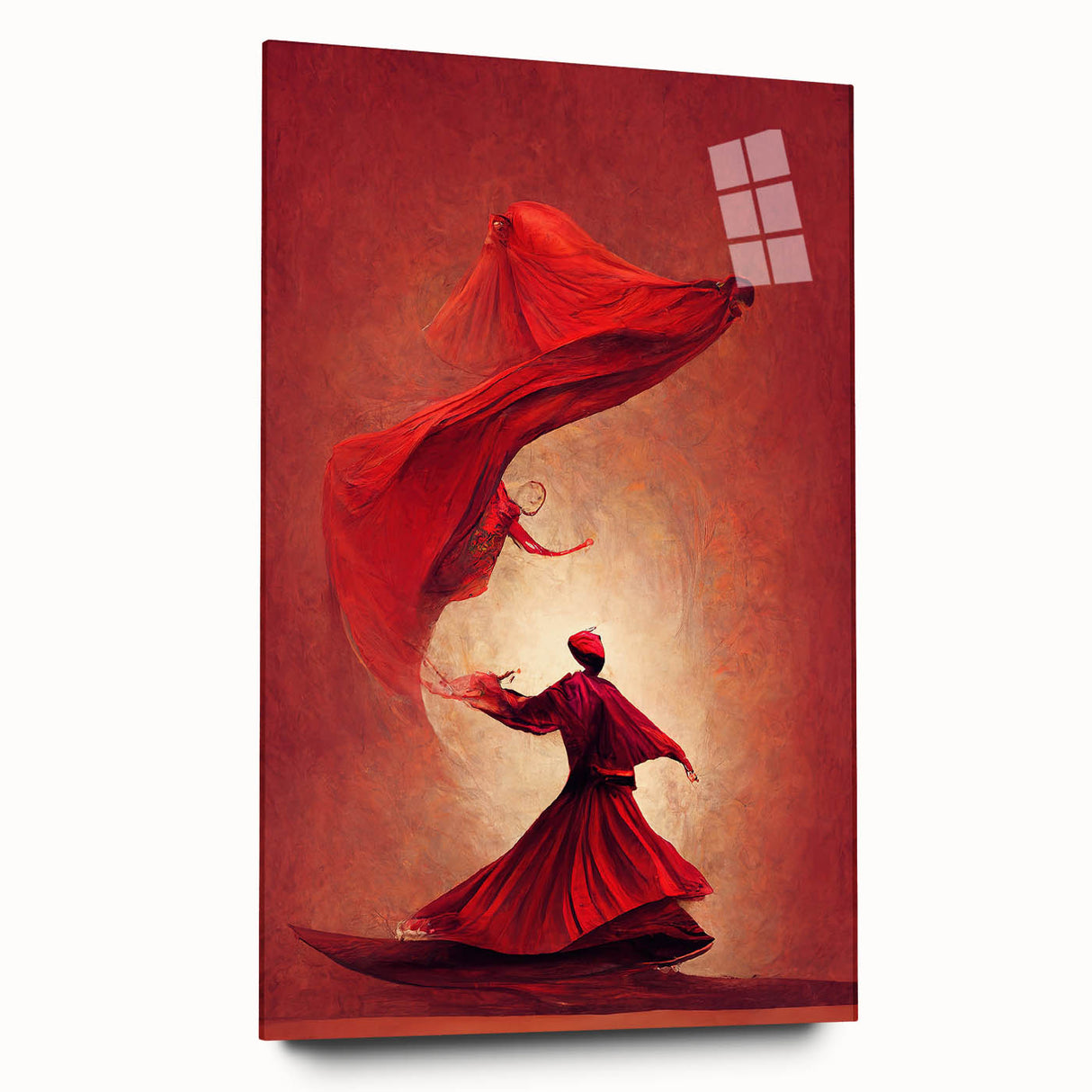 Abstract figurative wall art displayed in a sleek acrylic glass frame, showcasing vibrant colors and dynamic shapes, ideal for modern home decor.