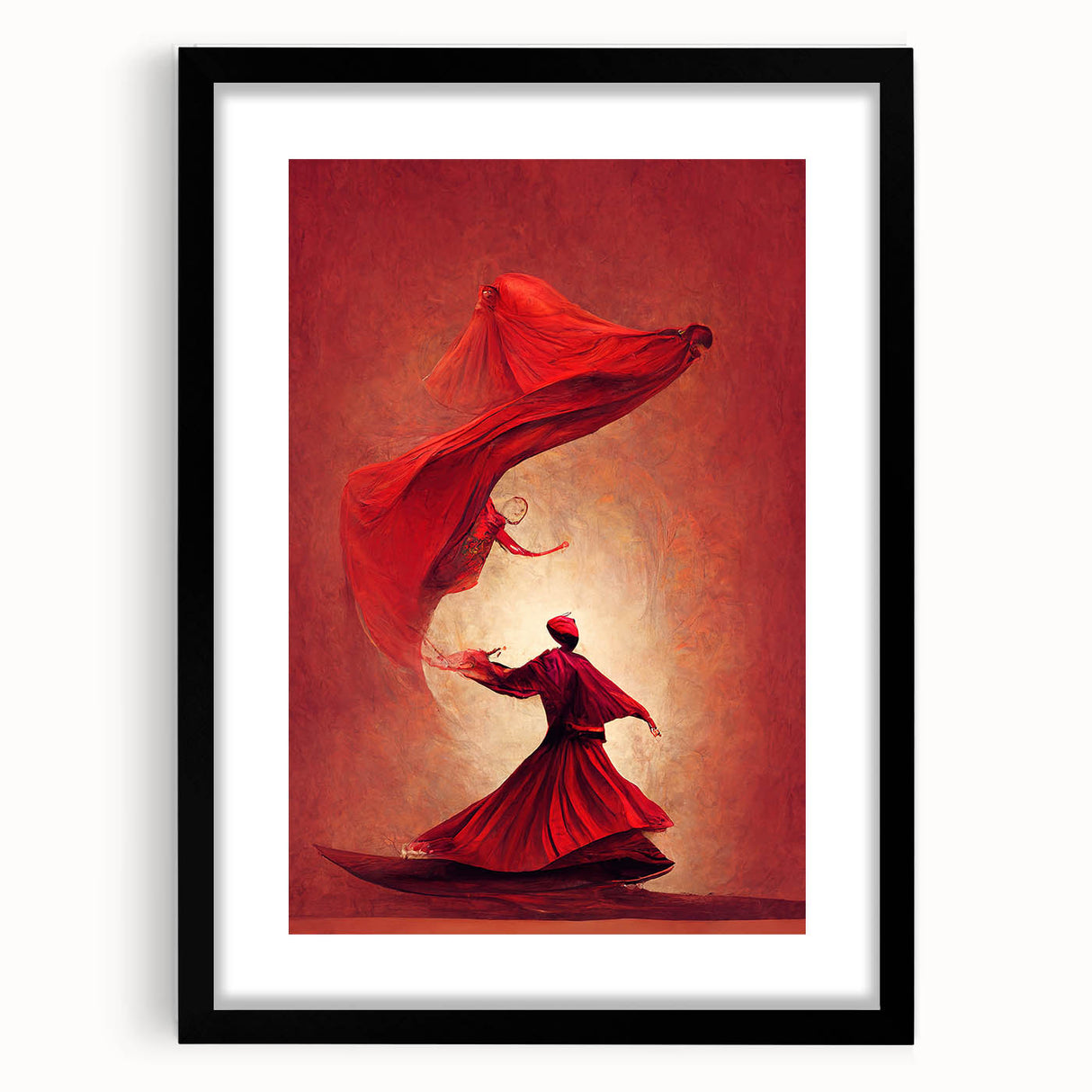 Abstract figurative wall art featuring a black frame and mat, showcasing a modern design with bold colors and geometric shapes, ideal for contemporary decor.