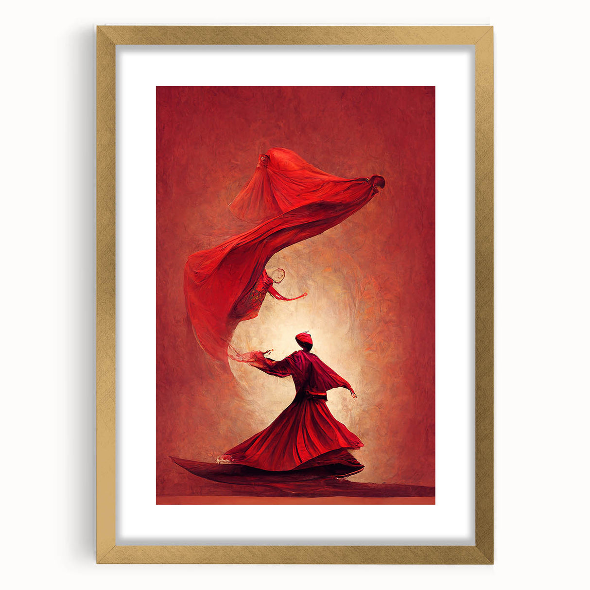 Abstract figurative wall art framed in gold, featuring a modern design with vibrant colors and intricate shapes, perfect for contemporary home decor.