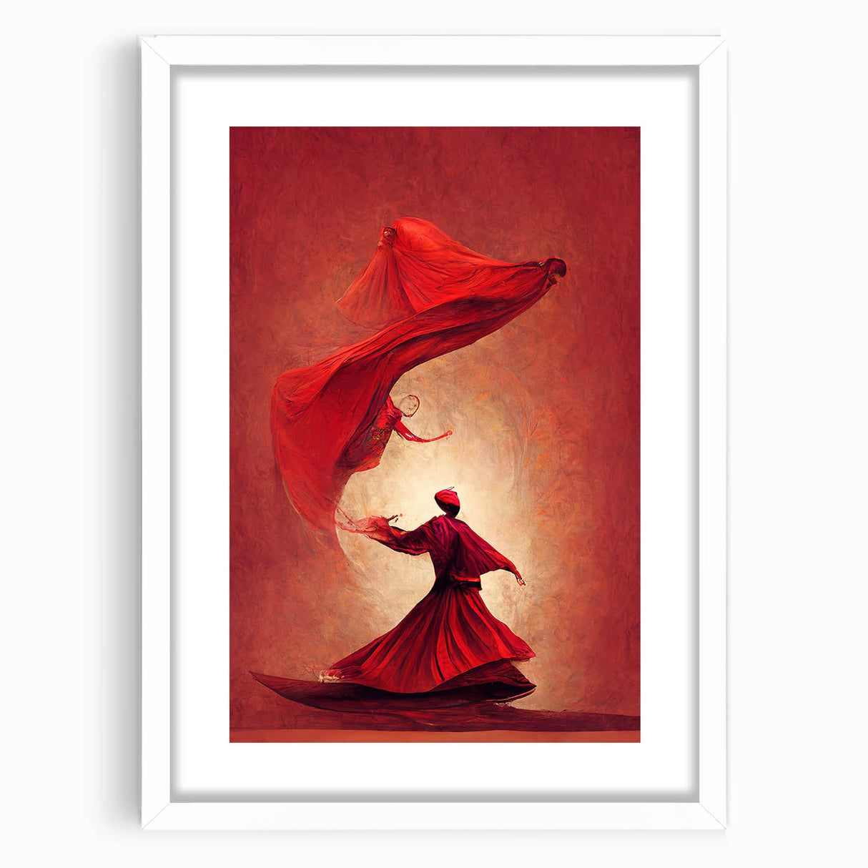 Abstract figurative wall art featuring vibrant colors and dynamic shapes, elegantly framed with a white mat, perfect for modern home decor or office enhancement.