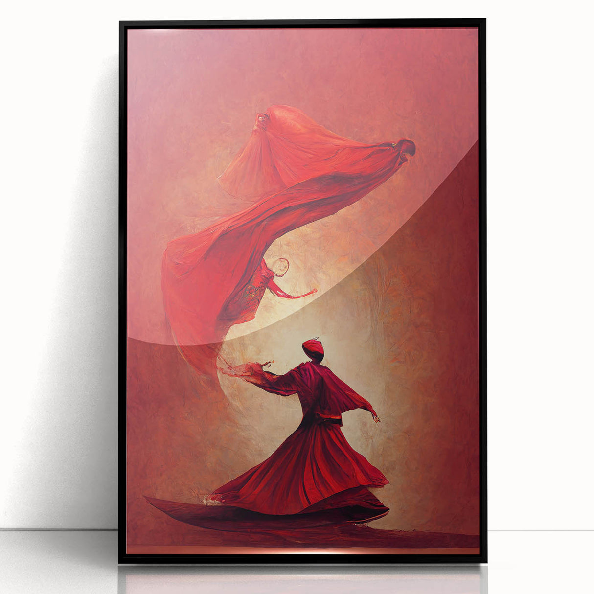 Framed abstract figurative wall art with a black acrylic frame, showcasing vibrant colors and dynamic shapes, perfect for modern home decor.