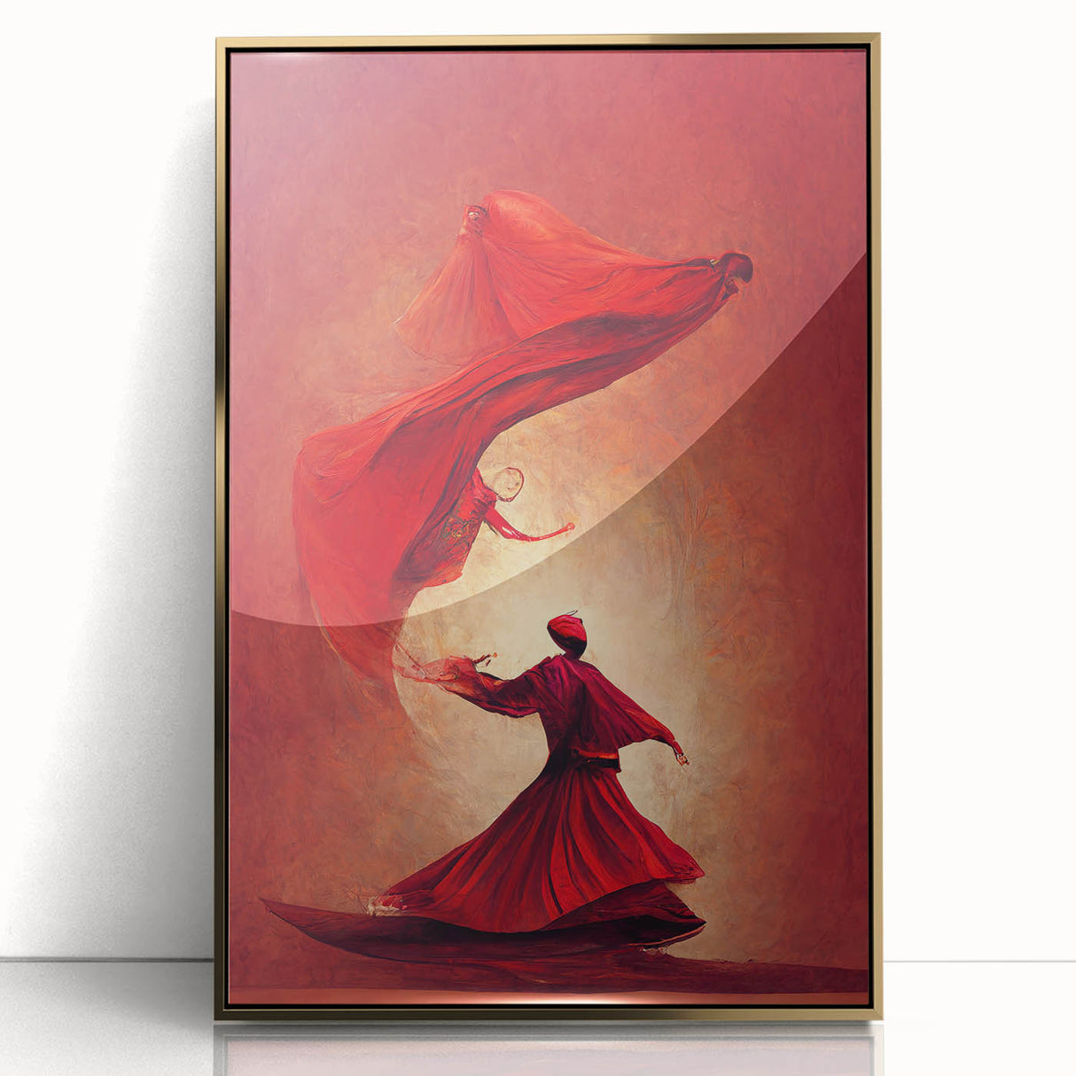 Abstract figurative wall art in a gold frame, featuring vibrant colors and geometric shapes, ideal for modern decor. Perfect for enhancing living spaces.
