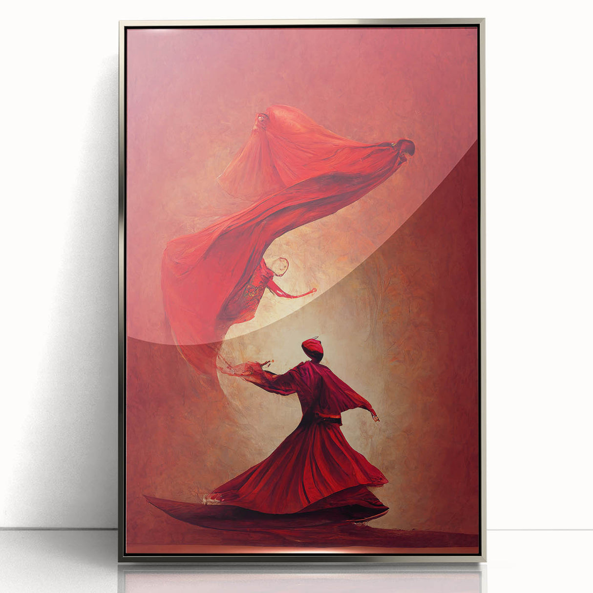 Framed abstract figurative wall art featuring silver acrylic accents, showcasing a dynamic interplay of shapes and colors, ideal for modern interior decor.