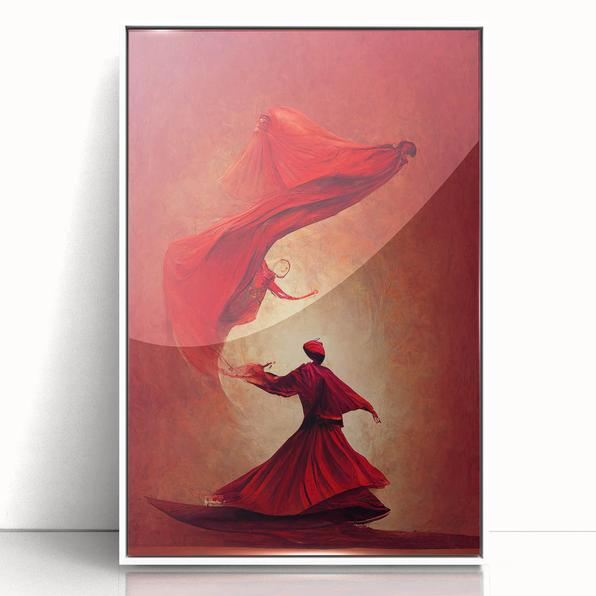 Framed abstract figurative wall art in white acrylic, showcasing vibrant colors and dynamic shapes, perfect for modern home decor or office spaces.