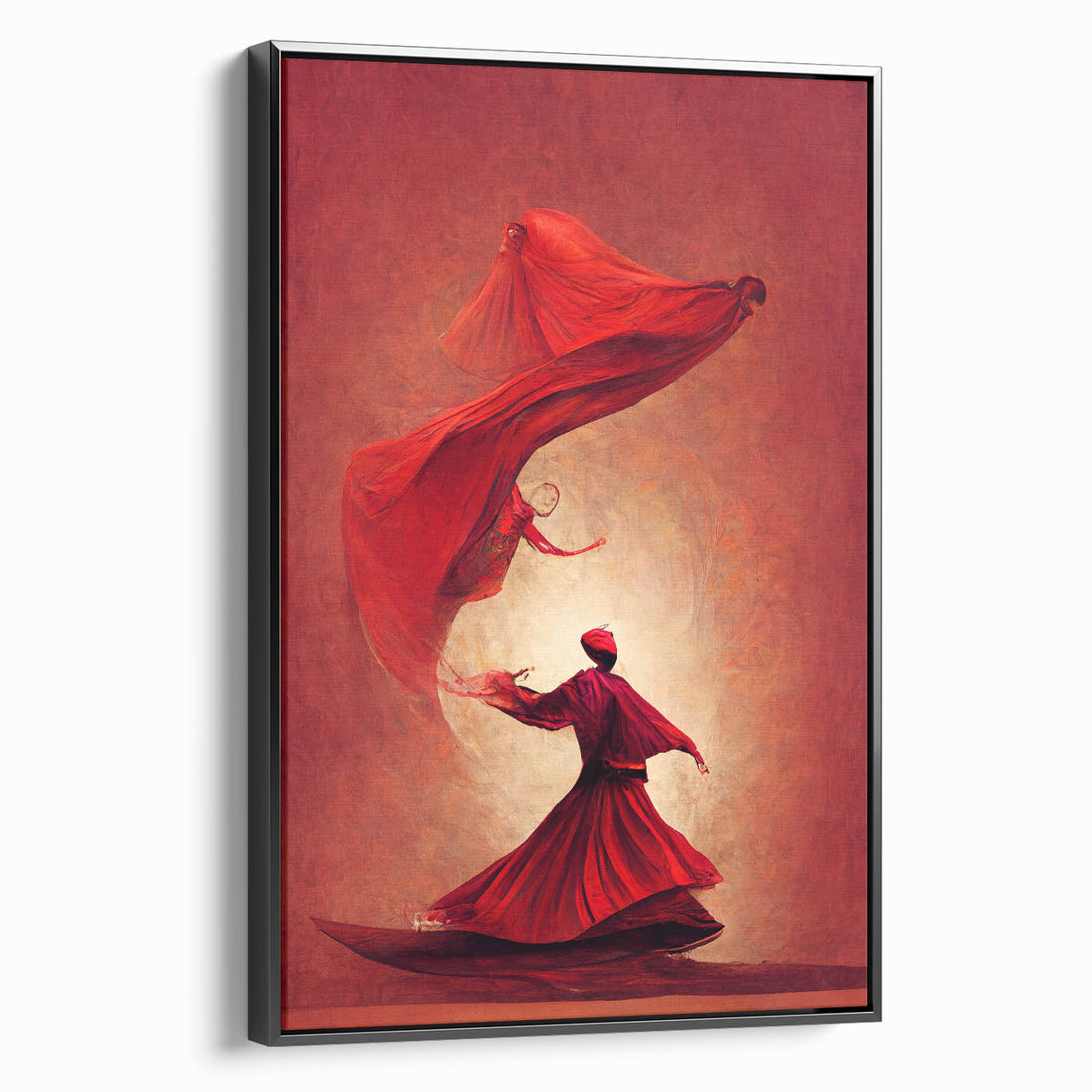 Framed abstract figurative wall art in a black setting, showcasing vibrant colors and dynamic shapes, perfect for modern home decor and artistic expression.