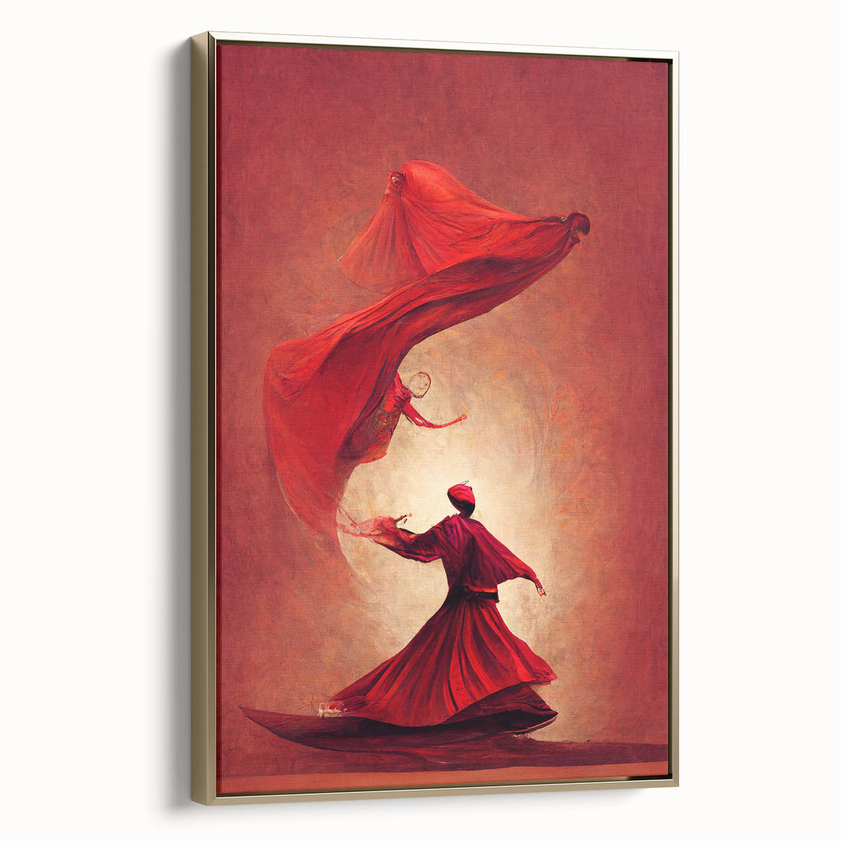 Framed abstract figurative wall art featuring a gold color palette, showcasing dynamic shapes and fluid lines, perfect for modern home decor. The canvas adds a touch of elegance to any room.