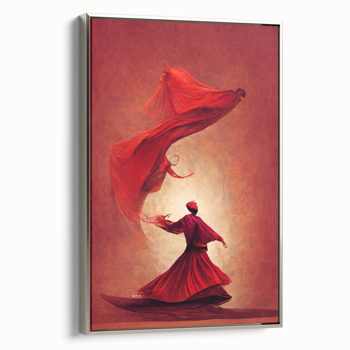 Framed abstract figurative wall art showcasing dynamic shapes in muted tones, elegantly displayed with a silver frame, perfect for modern home decor.