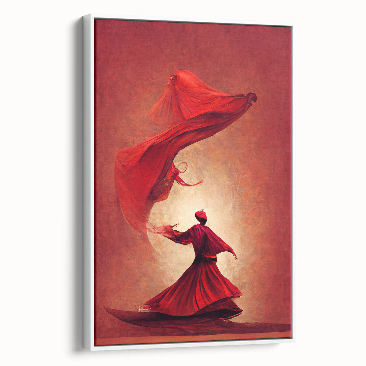 Abstract figurative wall art in a sleek white frame, showcasing vibrant colors and dynamic shapes, perfect for modern home decor. Side view highlights its elegant design and contemporary style.