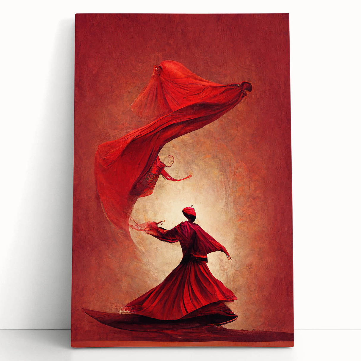 Abstract figurative wall art on stretched canvas, showcasing vibrant colors and dynamic shapes, leaning against a minimalist backdrop, ideal for modern decor.