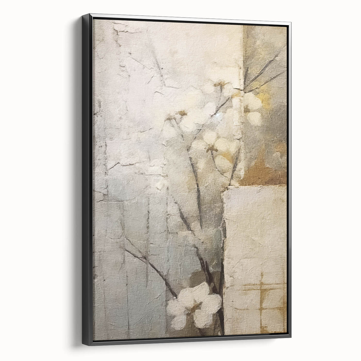 Framed wall art featuring an abstract floral design with vibrant colors on a black background, showcasing a side view that highlights its modern aesthetic and elegant framing. Perfect for enhancing contemporary home decor.