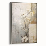 Framed canvas wall art featuring abstract floral designs in soft pastel colors, elegantly displayed with a sleek silver frame, perfect for home decor.