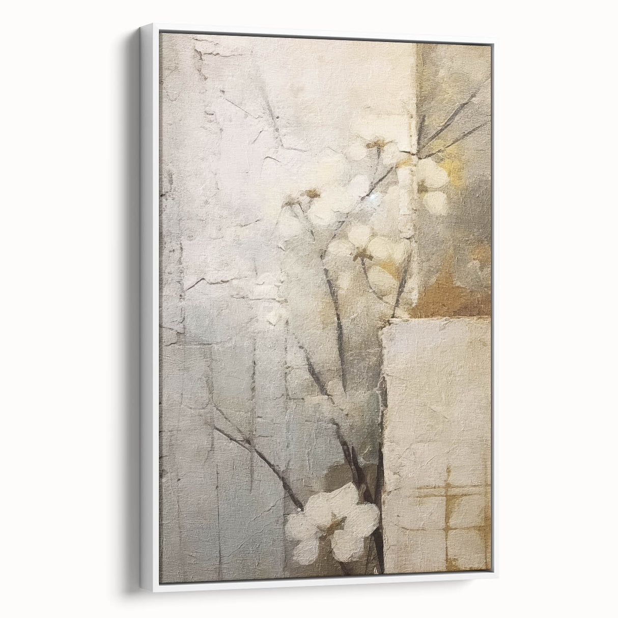 Framed abstract floral wall art on canvas in a white frame, showcasing vibrant colors and intricate designs, perfect for modern home decor.
