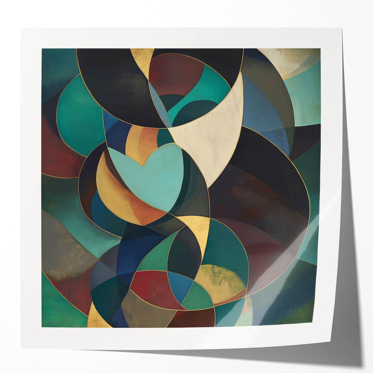 Abstract geometric wall art print mockup featuring vibrant colors and sleek glossy finish, ideal for contemporary home decor and interior design showcases.