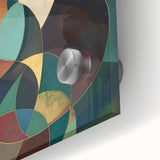Close-up of an abstract geometric design on acrylic glass, showcasing vibrant colors and sharp angles, perfect for modern home decor accents.