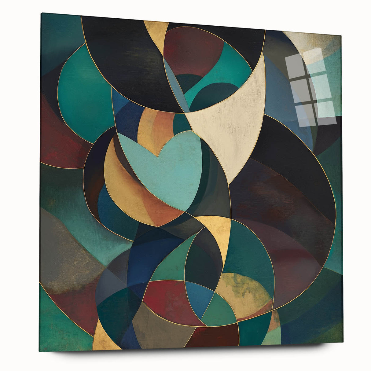 Abstract geometric acrylic glass artwork displayed in a side view, showcasing vibrant colors and intricate patterns, perfect for modern decor or art enthusiasts.