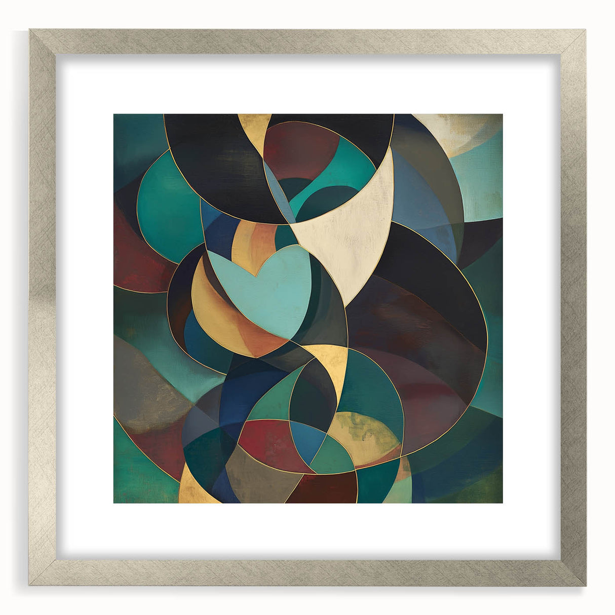 Abstract geometric frame with a silver mat, showcasing a modern design, perfect for enhancing contemporary interiors. Ideal for art displays or home decor accents.