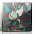 Framed acrylic artwork showcasing a black abstract geometric design, featuring sharp angles and contrasting shapes, ideal for modern home decor.