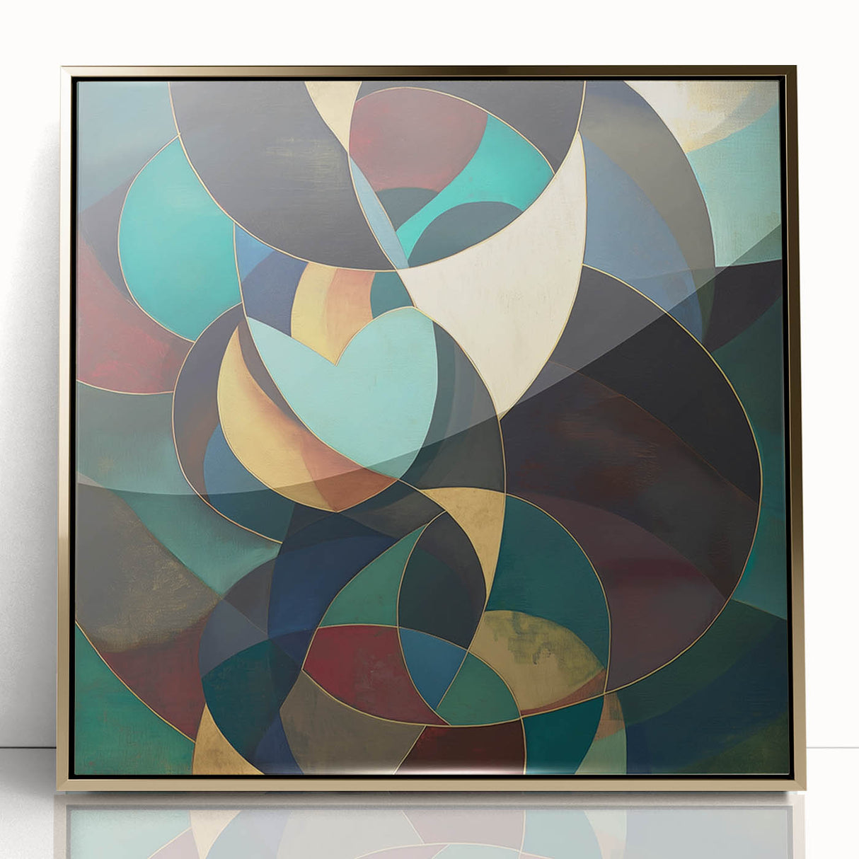 Framed abstract geometric wall art design in gold tones, showcasing a modern and stylish aesthetic, perfect for contemporary home decor.