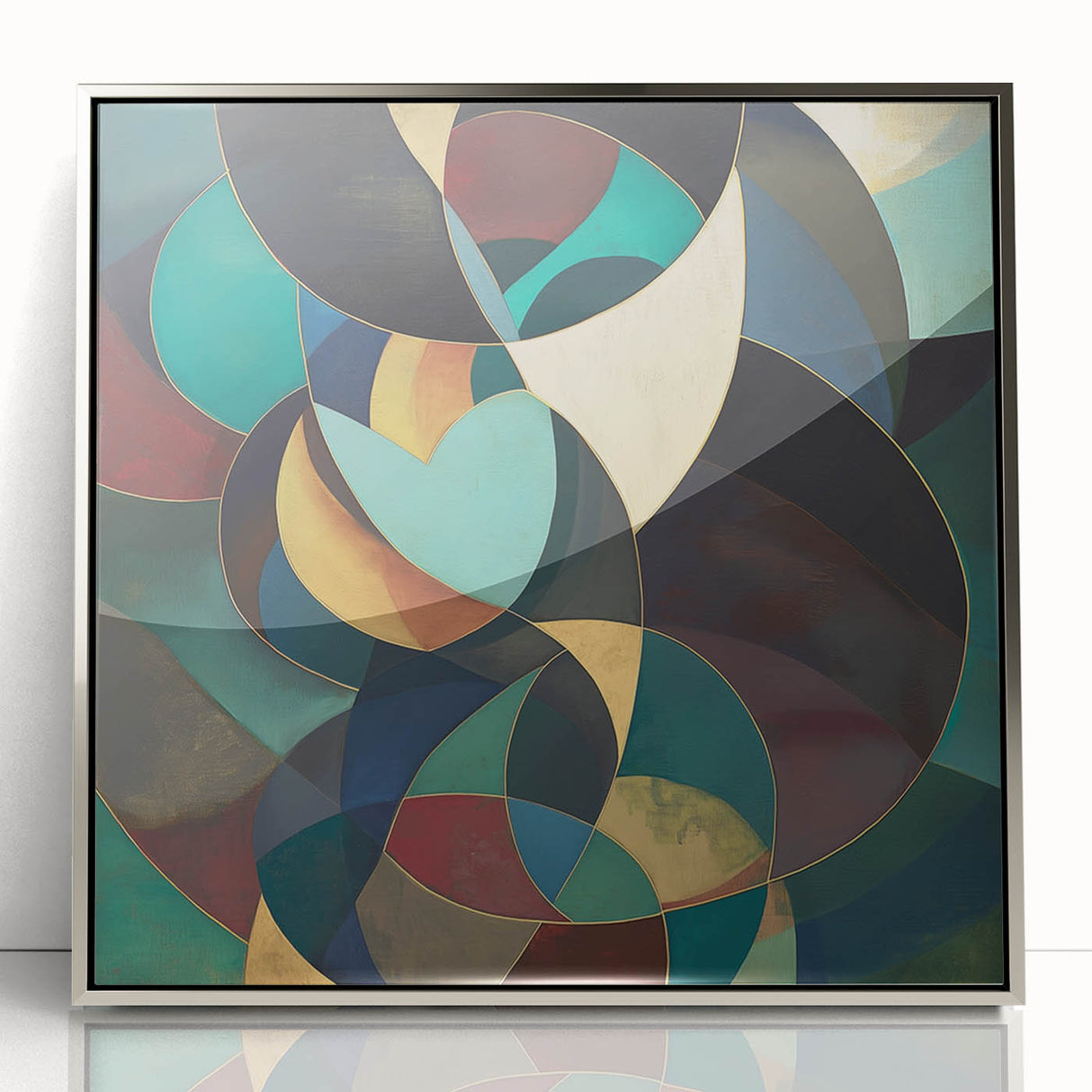 Framed abstract geometric wall art design in silver acrylic, showcasing intricate shapes and patterns, perfect for modern home decor enhancement.
