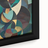 Close-up of an abstract geometric framed canvas art piece showcasing vibrant colors and intricate patterns, perfect for modern home decor or artistic display.