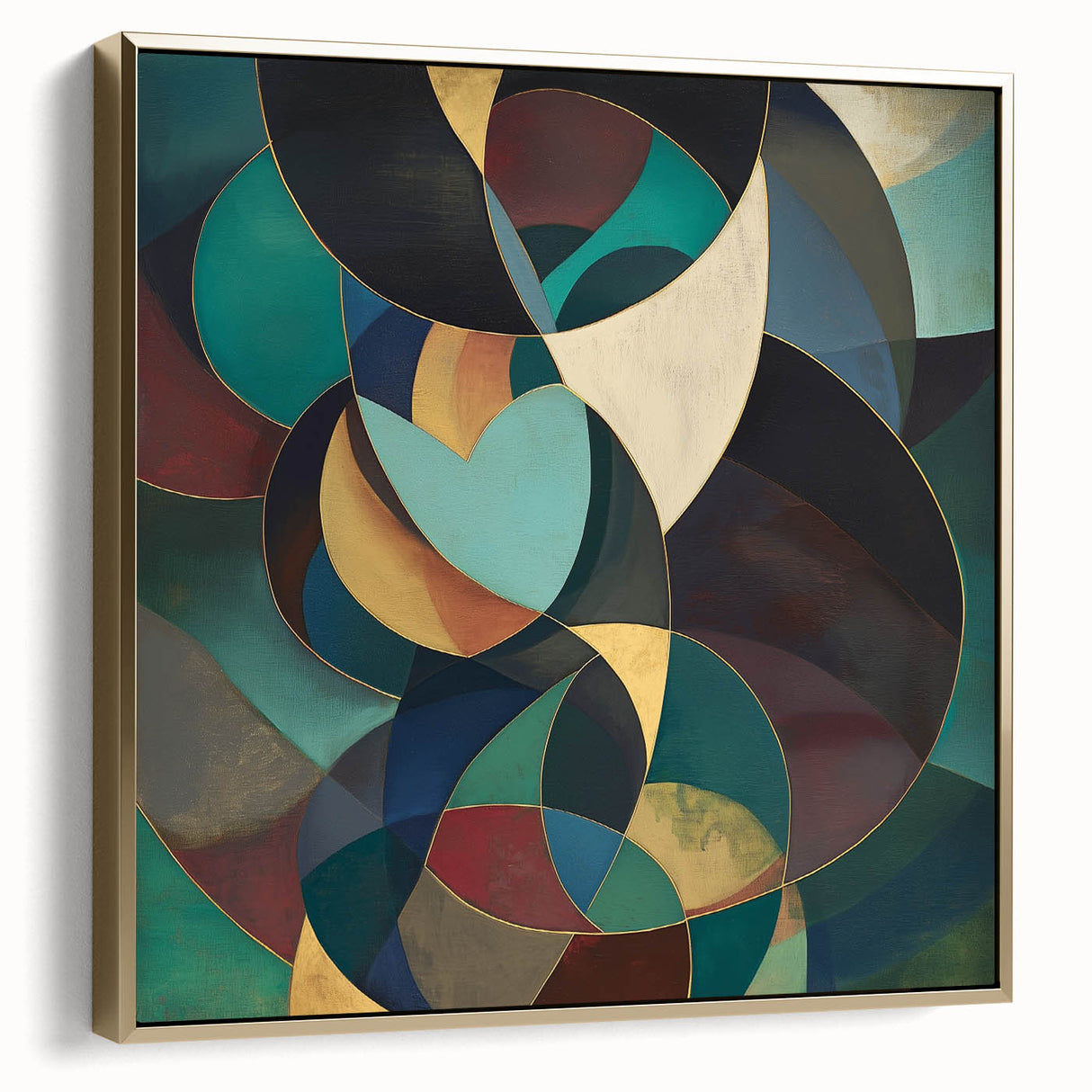 Framed geometric abstract canvas art in silver and gold tones, showcasing modern design elements perfect for contemporary home decor. Ideal for stylish living spaces.