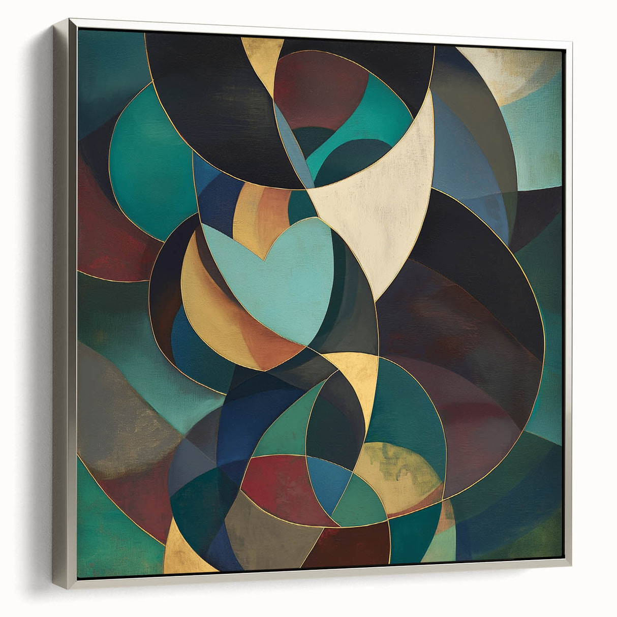 Abstract geometric framed canvas artwork in silver, showcasing a contemporary design with intricate patterns and sharp angles, perfect for modern home decor.