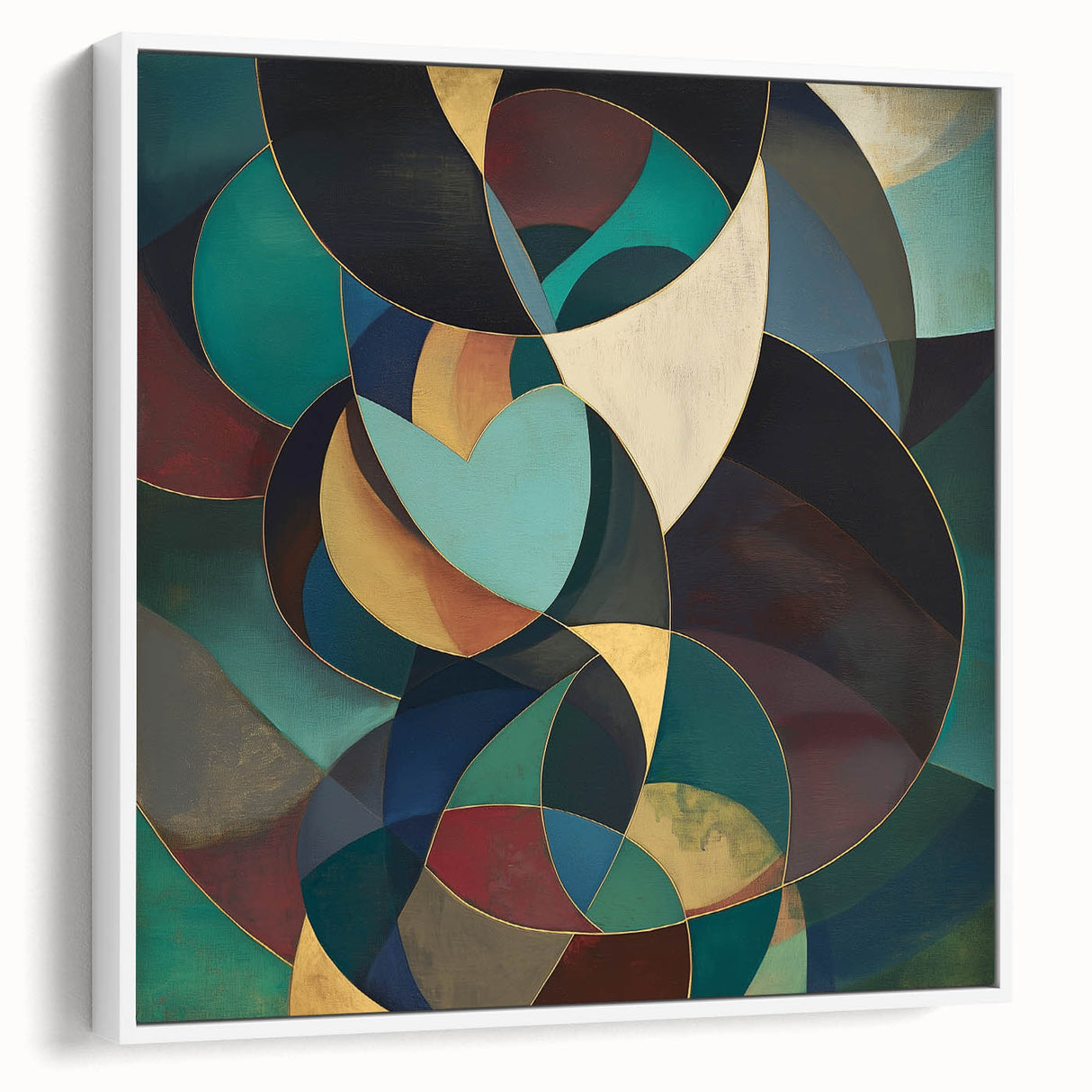 Framed canvas artwork showcasing a modern abstract geometric design in shades of white and gray, perfect for contemporary home decor. The side view highlights the sleek frame and textured surface, ideal for adding a stylish touch to living spaces.